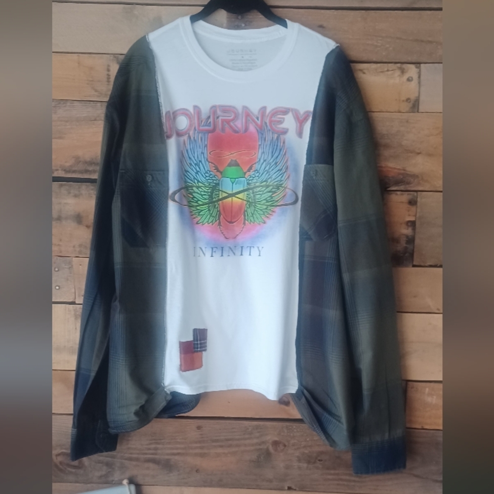 Upcycled Journey Graphic T-Shirt with Plaid Sleeves